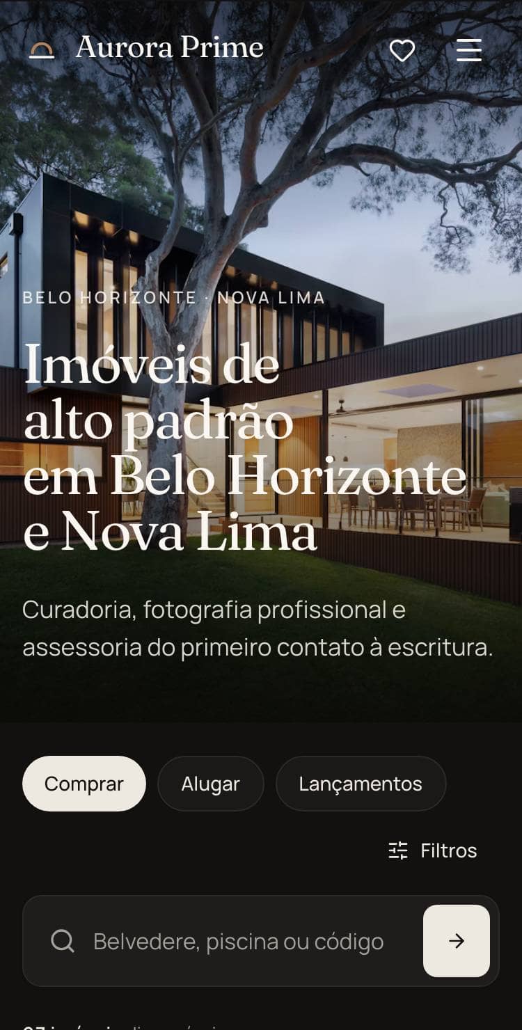 Home da Aurora Prime no celular: foto em tela cheia, título e busca em um campo