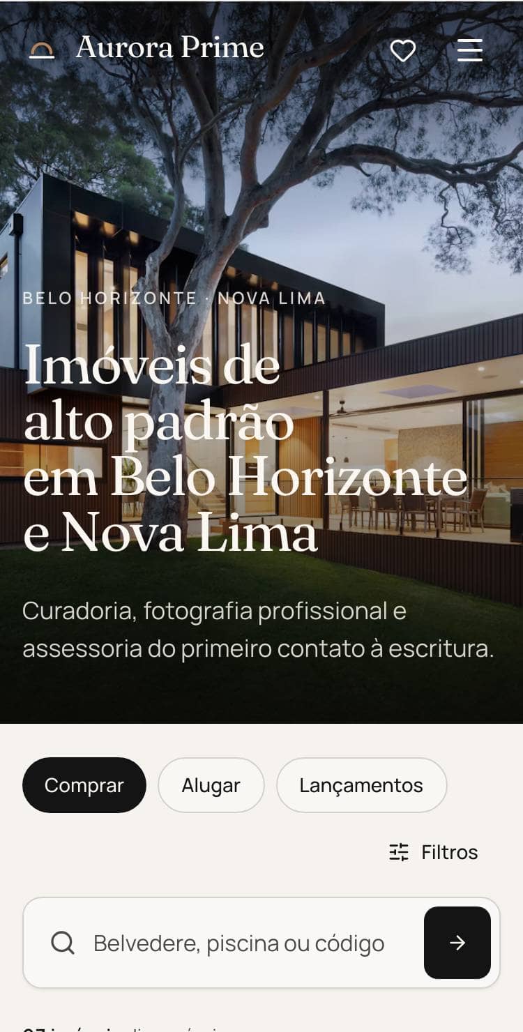 Home da Aurora Prime no celular: foto em tela cheia, título e busca em um campo
